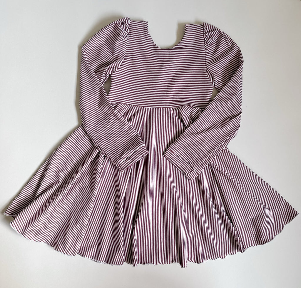 Maroon Stripe Puff Sleeve Twirl Dress