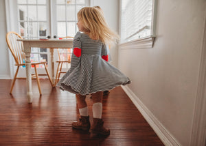 Navy Stripe Puff Sleeve Dress with Red Hearts