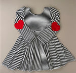 Navy Stripe Puff Sleeve Dress with Red Hearts