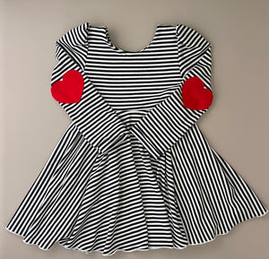 Navy Stripe Puff Sleeve Dress with Red Hearts