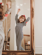 Navy Stripe Puff Sleeve Romper with Red Hearts
