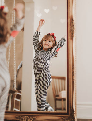 Navy Stripe Puff Sleeve Romper with Red Hearts