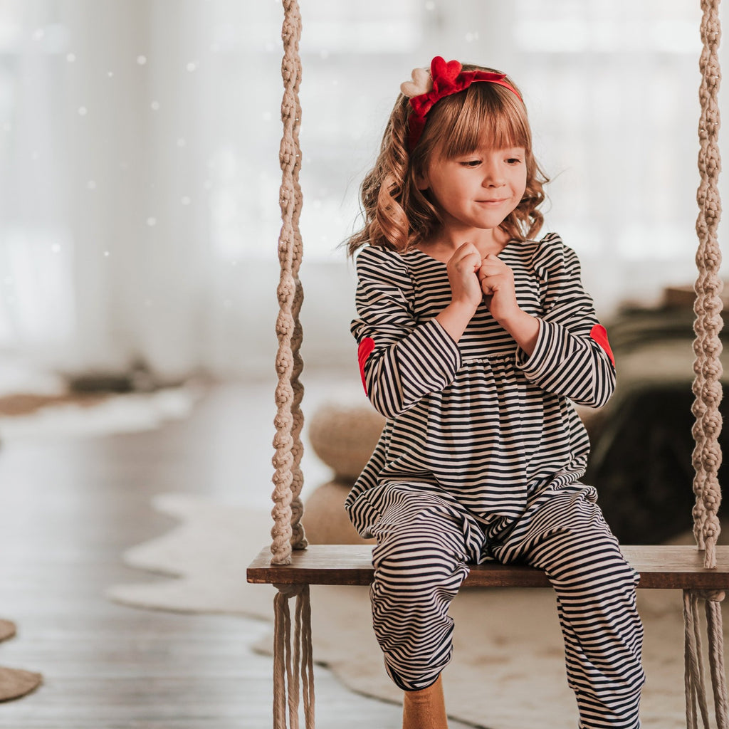 Navy Stripe Puff Sleeve Romper with Red Hearts