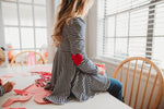 Navy Stripe Puff Sleeve Peplum with Red Hearts