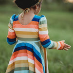 Fall Rainbow Puff-Sleeve Twirl Dress