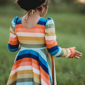 Fall Rainbow Puff-Sleeve Twirl Dress