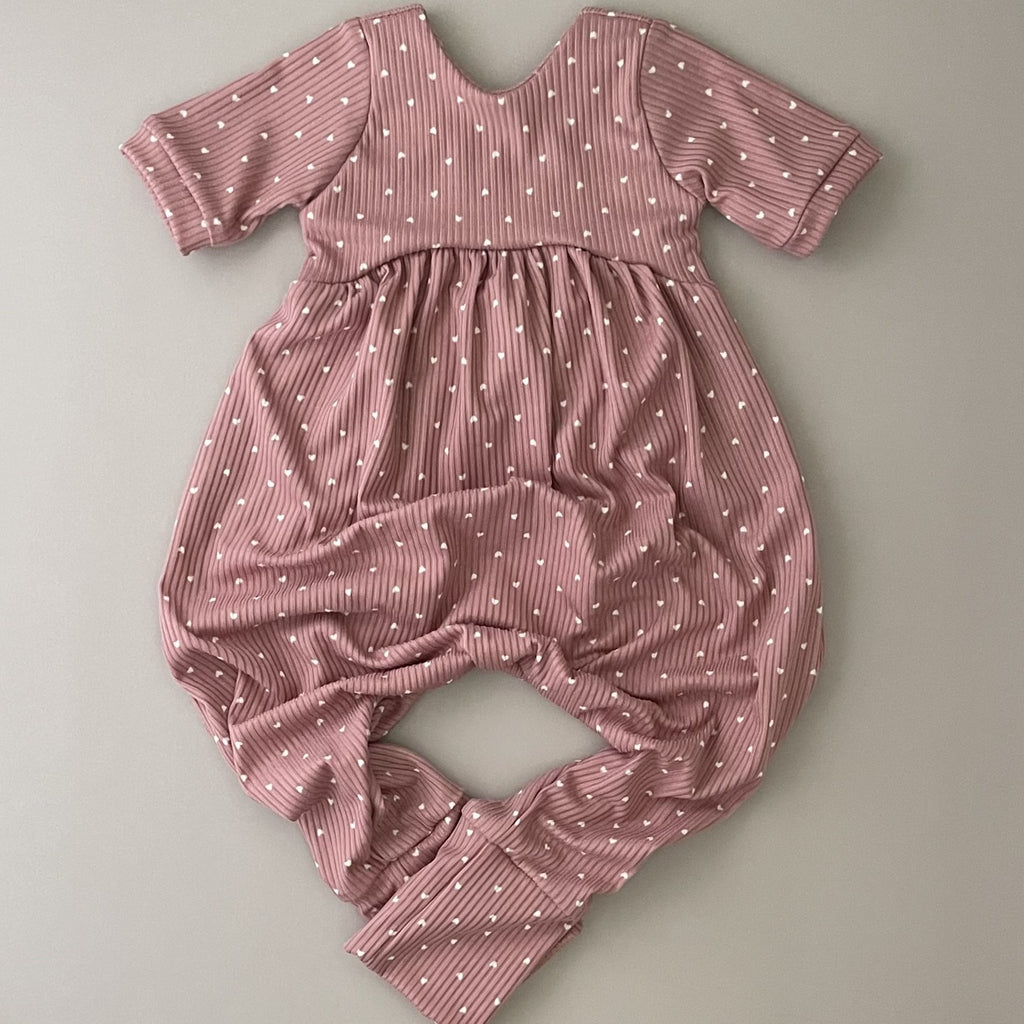 Mauve Romper with White Hearts