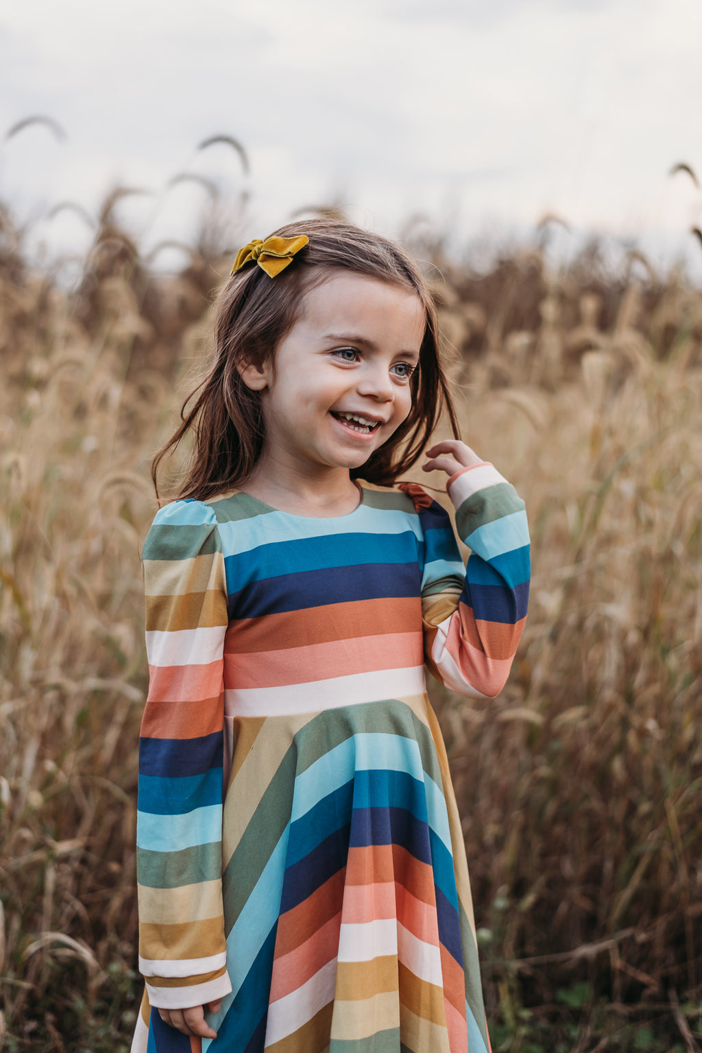 Fall Rainbow Puff-Sleeve Twirl Dress